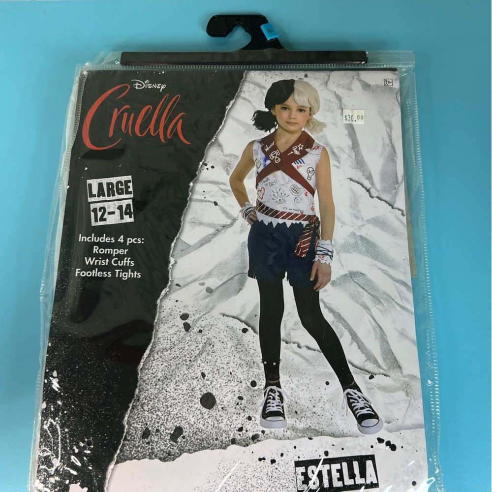 Disney Cruella Estella 4-Piece Set Costume (1)Romper (2)Wrist Cuffs (1)Tights